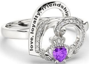 Diamond Amethyst Silver Irish Claddagh "Love, Loyalty, & Friendship" Heart Ring