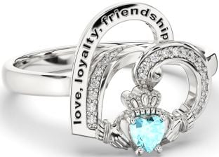 Diamond Aquamarine Silver Irish Claddagh "Love, Loyalty, & Friendship" Heart Ring