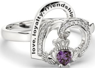 Diamond Alexandrite Silver Irish Claddagh "Love, Loyalty, & Friendship" Heart Ring