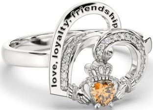 Diamond Citrine Silver Irish Claddagh "Love, Loyalty, & Friendship" Heart Ring