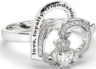 Diamond Silver Irish Claddagh "Love, Loyalty, & Friendship" Heart Ring