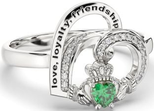 Diamond Emerald Silver Irish Claddagh "Love, Loyalty, & Friendship" Heart Ring