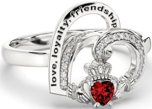 Diamond Garnet Silver Irish Claddagh "Love, Loyalty, & Friendship" Heart Ring