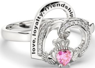 Diamond Pink Tourmaline Silver Irish Claddagh "Love, Loyalty, & Friendship" Heart Ring