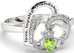 Diamond Peridot Silver Irish Claddagh "Love, Loyalty, & Friendship" Heart Ring