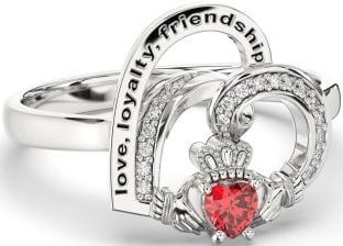 Diamond Ruby Silver Irish Claddagh "Love, Loyalty, & Friendship" Heart Ring