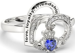 Diamond Sapphire Silver Irish Claddagh "Love, Loyalty, & Friendship" Heart Ring