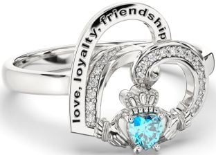 Diamond Topaz Silver Irish Claddagh "Love, Loyalty, & Friendship" Heart Ring