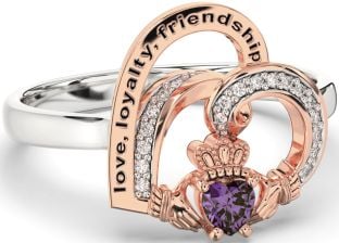 Diamond Alexandrite Rose Gold Silver Irish Claddagh "Love, Loyalty, & Friendship" Heart Ring