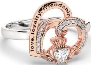 Diamond Rose Gold Silver Irish Claddagh "Love, Loyalty, & Friendship" Heart Ring