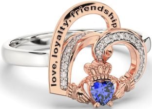 Diamond Sapphire Rose Gold Silver Irish Claddagh "Love, Loyalty, & Friendship" Heart Ring