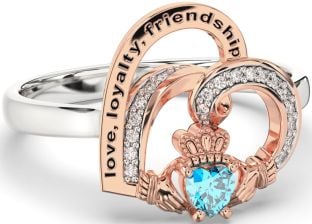 Diamond Topaz Rose Gold Silver Irish Claddagh "Love, Loyalty, & Friendship" Heart Ring