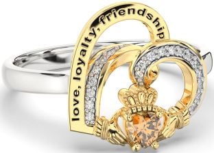 Diamond Citrine Gold Silver Irish Claddagh "Love, Loyalty, & Friendship" Heart Ring