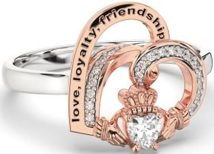 Diamond White Rose Gold Irish Claddagh "Love, Loyalty, & Friendship" Heart Ring