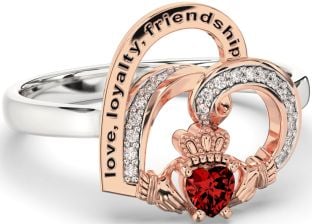 Diamond Garnet White Rose Gold Irish Claddagh "Love, Loyalty, & Friendship" Heart Ring