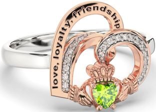 Diamond Peridot White Rose Gold Irish Claddagh "Love, Loyalty, & Friendship" Heart Ring