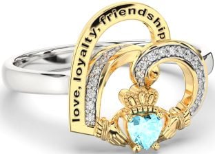 Diamond Aquamarine White Yellow Gold Irish Claddagh "Love, Loyalty, & Friendship" Heart Ring