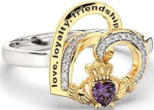 Diamond Alexandrite White Yellow Gold Irish Claddagh "Love, Loyalty, & Friendship" Heart Ring