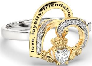 Diamond White Yellow Gold Irish Claddagh "Love, Loyalty, & Friendship" Heart Ring