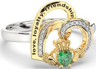 Diamond Emerald White Yellow Gold Irish Claddagh "Love, Loyalty, & Friendship" Heart Ring