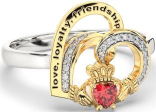 Diamond Ruby White Yellow Gold Irish Claddagh "Love, Loyalty, & Friendship" Heart Ring