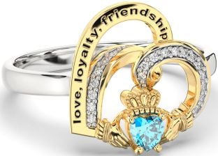 Diamond Topaz White Yellow Gold Irish Claddagh "Love, Loyalty, & Friendship" Heart Ring