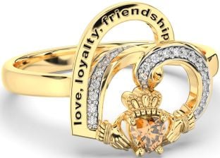 Diamond Citrine Gold Irish Claddagh "Love, Loyalty, & Friendship" Heart Ring