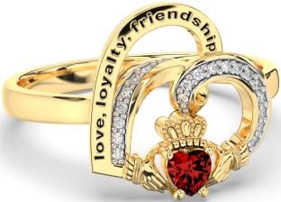 Diamond Garnet Gold Irish Claddagh "Love, Loyalty, & Friendship" Heart Ring