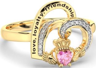 Diamond Pink Tourmaline Gold Irish Claddagh "Love, Loyalty, & Friendship" Heart Ring