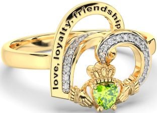 Diamond Peridot Gold Irish Claddagh "Love, Loyalty, & Friendship" Heart Ring