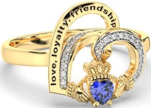 Diamond Sapphire Gold Irish Claddagh "Love, Loyalty, & Friendship" Heart Ring