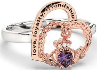 Diamond Alexandrite Rose Gold Silver Irish Claddagh "Love, Loyalty, & Friendship" Heart Ring