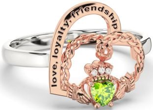 Diamond Peridot Rose Gold Silver Irish Claddagh "Love, Loyalty, & Friendship" Heart Ring