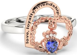 Diamond Sapphire Rose Gold Silver Irish Claddagh "Love, Loyalty, & Friendship" Heart Ring