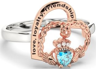 Diamond Topaz Rose Gold Silver Irish Claddagh "Love, Loyalty, & Friendship" Heart Ring