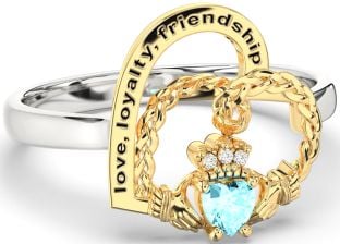 Diamond Aquamarine Gold Silver Irish Claddagh "Love, Loyalty, & Friendship" Heart Ring