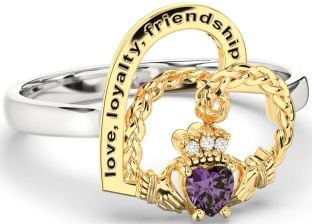 Diamond Alexandrite Gold Silver Irish Claddagh "Love, Loyalty, & Friendship" Heart Ring