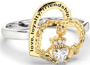 Diamond Gold Silver Irish Claddagh "Love, Loyalty, & Friendship" Heart Ring