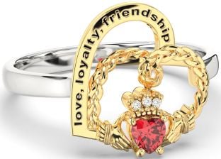 Diamond Ruby Gold Silver Irish Claddagh "Love, Loyalty, & Friendship" Heart Ring