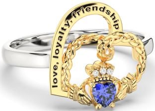 Diamond Sapphire Gold Silver Irish Claddagh "Love, Loyalty, & Friendship" Heart Ring