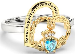 Diamond Topaz Gold Silver Irish Claddagh "Love, Loyalty, & Friendship" Heart Ring