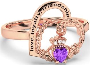 Diamond Amethyst Rose Gold Silver Irish Claddagh "Love, Loyalty, & Friendship" Heart Ring