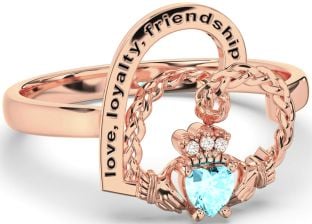 Diamond Aquamarine Rose Gold Silver Irish Claddagh "Love, Loyalty, & Friendship" Heart Ring