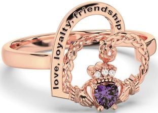 Diamond Alexandrite Rose Gold Silver Irish Claddagh "Love, Loyalty, & Friendship" Heart Ring