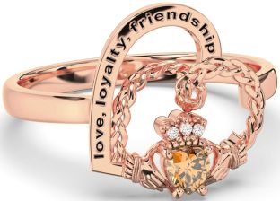 Diamond Citrine Rose Gold Silver Irish Claddagh "Love, Loyalty, & Friendship" Heart Ring