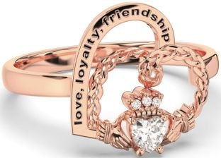 Diamond Rose Gold Silver Irish Claddagh "Love, Loyalty, & Friendship" Heart Ring
