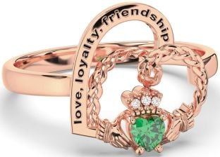 Diamond Emerald Rose Gold Silver Irish Claddagh "Love, Loyalty, & Friendship" Heart Ring