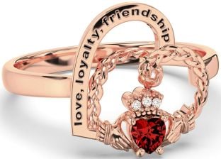 Diamond Garnet Rose Gold Silver Irish Claddagh "Love, Loyalty, & Friendship" Heart Ring