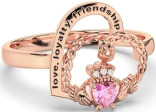 Diamond Pink Tourmaline Rose Gold Silver Irish Claddagh "Love, Loyalty, & Friendship" Heart Ring