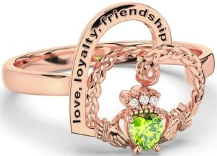 Diamond Peridot Rose Gold Silver Irish Claddagh "Love, Loyalty, & Friendship" Heart Ring